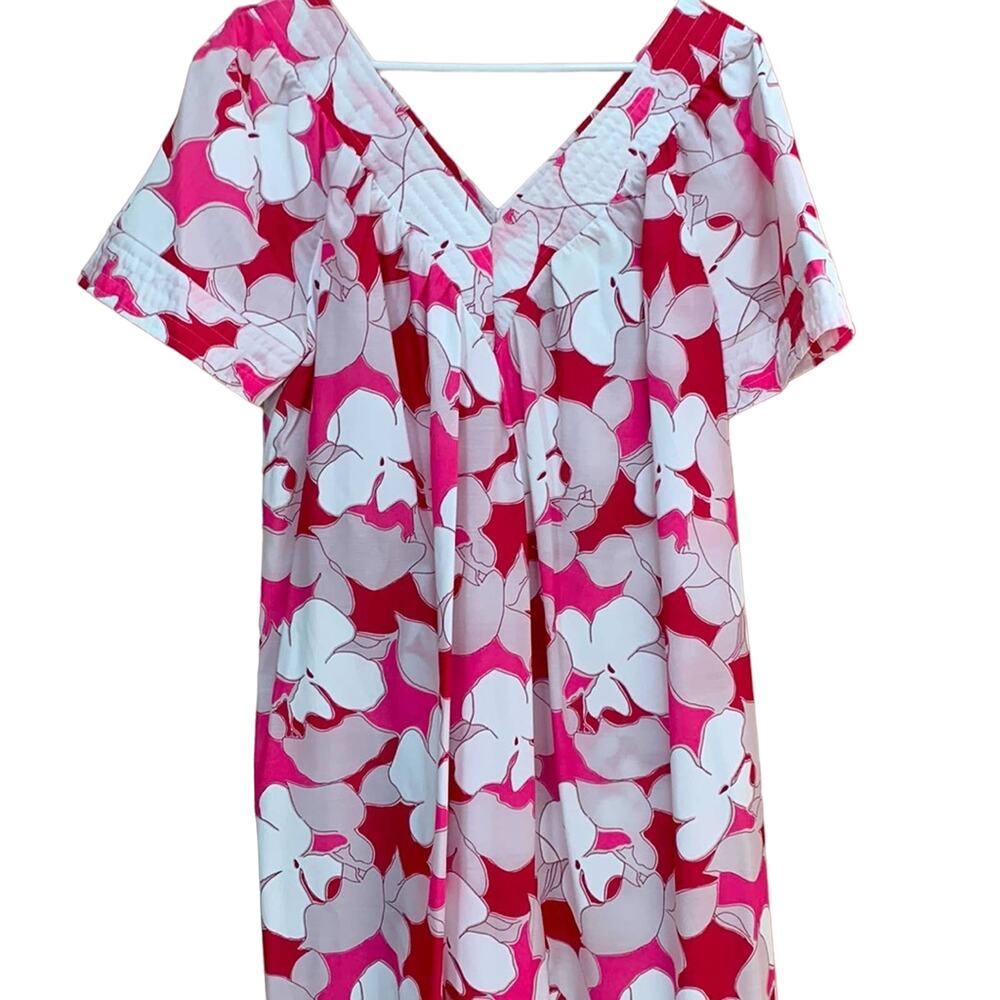 Vintage Katz Mu-Mu Kaftan Floral White and Pint Cotton FLower Print One Size